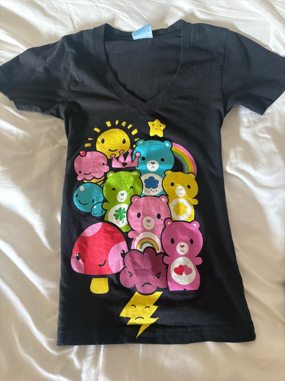 Black Graphic Tee with Colorful Cute Character Stack